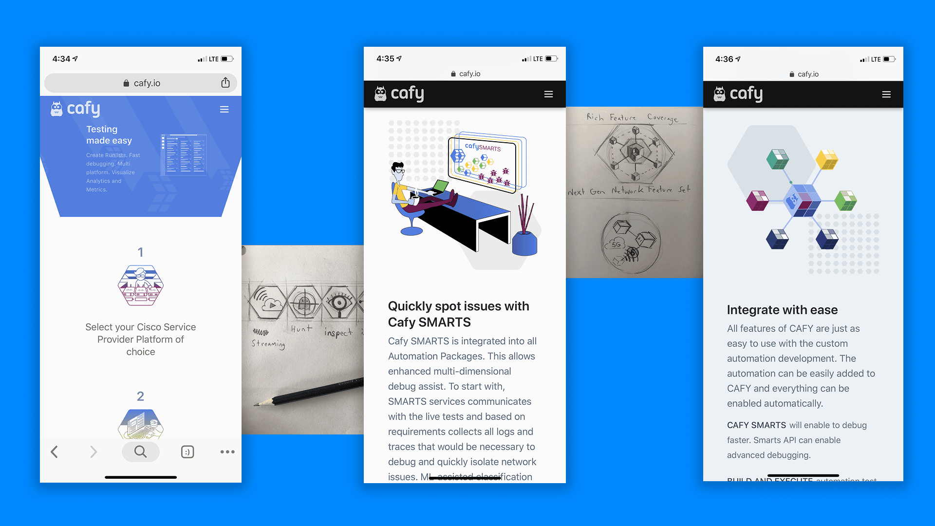 CAFY developer portal onboarding screens and visual explorations